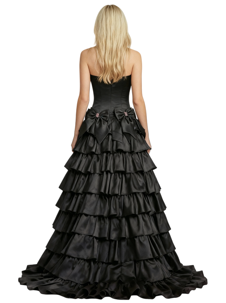 Unique Strapless Corset Formal Gown Bow Detail Ruffled Tiered Floor Length Prom Dress