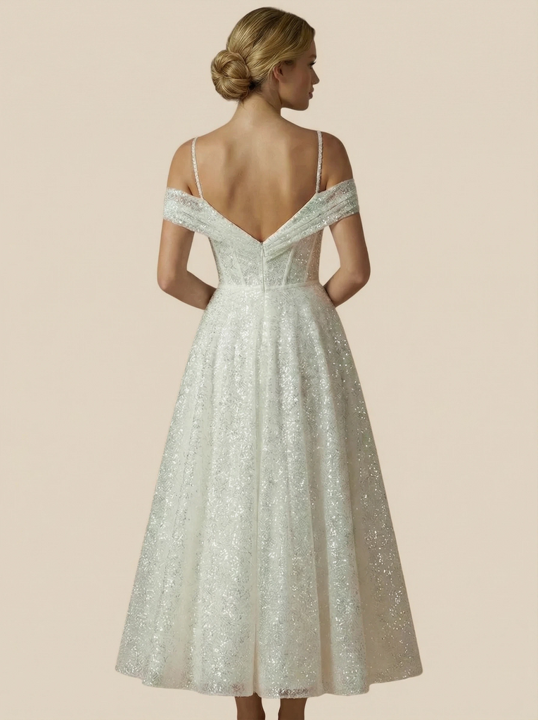 A-Line Cold Shoulder Boning Sequin Tea-Length Wedding Dresses Online