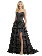 Unique Strapless Corset Formal Gown Bow Detail Ruffled Tiered Floor Length Prom Dress