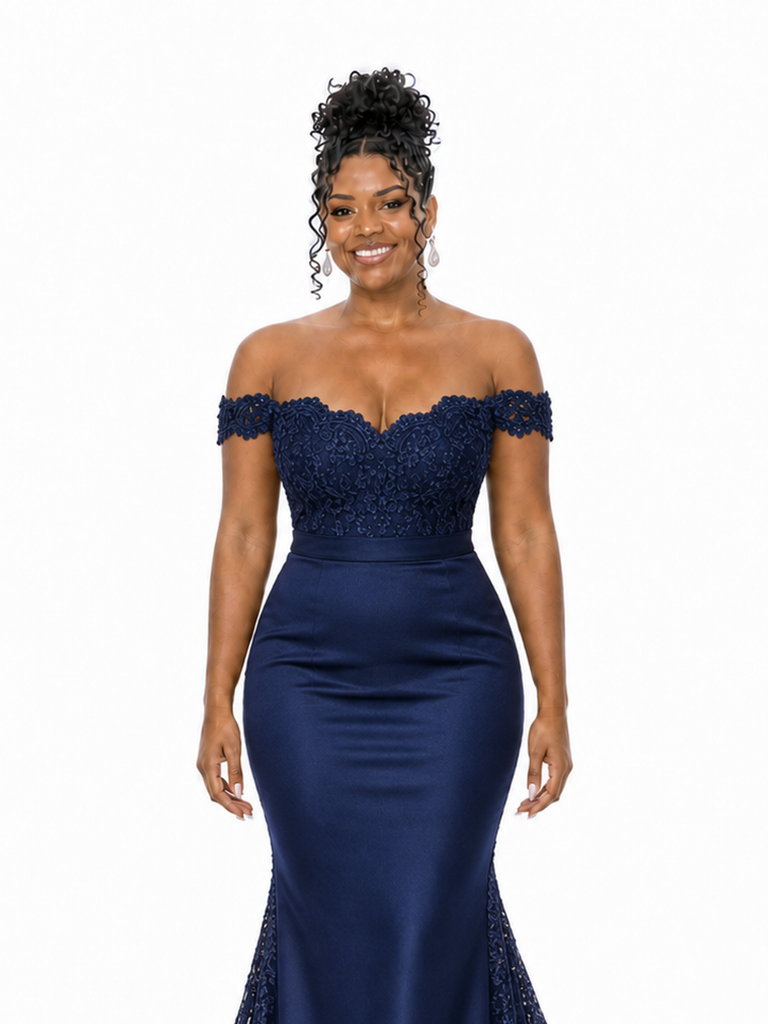 ChicSew Unique Off Shoulder Lace Applique Soft Satin Mermaid Long Bridesmaid Dresses