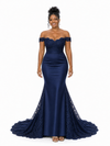 ChicSew Unique Off Shoulder Lace Applique Soft Satin Mermaid Long Bridesmaid Dresses