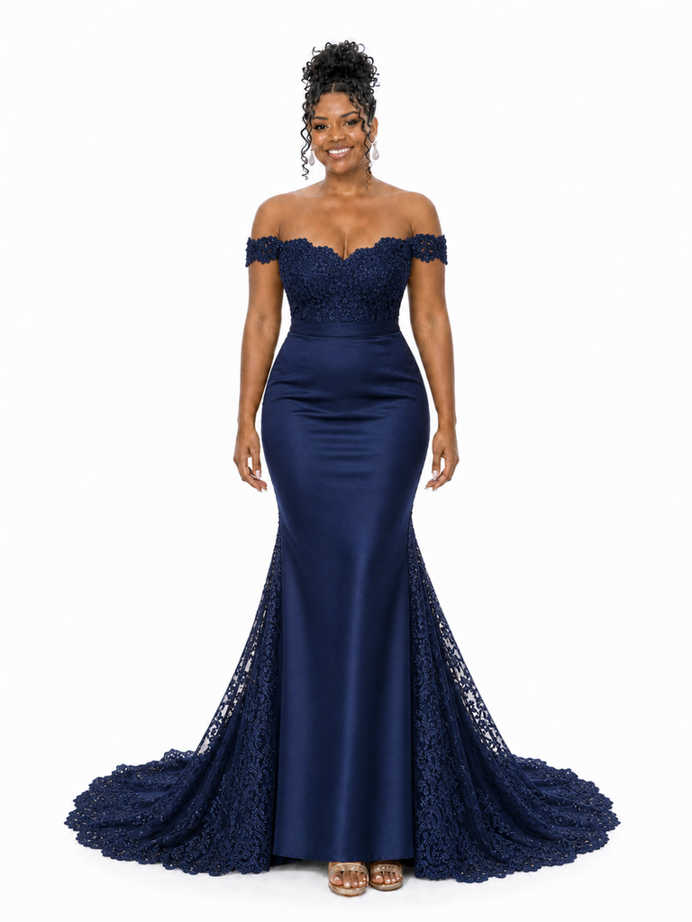ChicSew Unique Off Shoulder Lace Applique Soft Satin Mermaid Long Bridesmaid Dresses