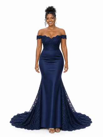 ChicSew Unique Off Shoulder Lace Applique Soft Satin Mermaid Long Bridesmaid Dresses