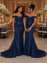 ChicSew Unique Off Shoulder Lace Applique Soft Satin Mermaid Long Bridesmaid Dresses