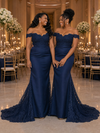 ChicSew Unique Off Shoulder Lace Applique Soft Satin Mermaid Long Bridesmaid Dresses
