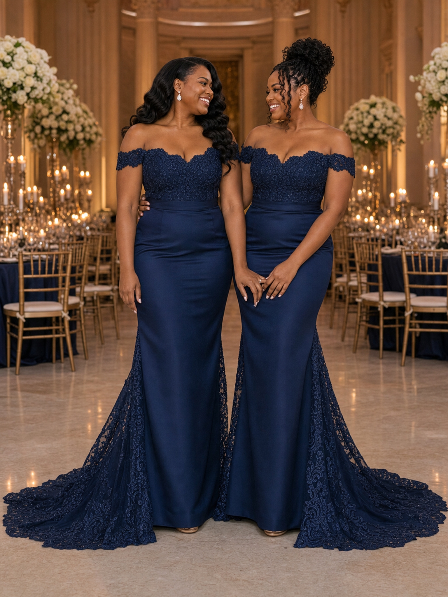 ChicSew Unique Off Shoulder Lace Applique Soft Satin Mermaid Long Bridesmaid Dresses