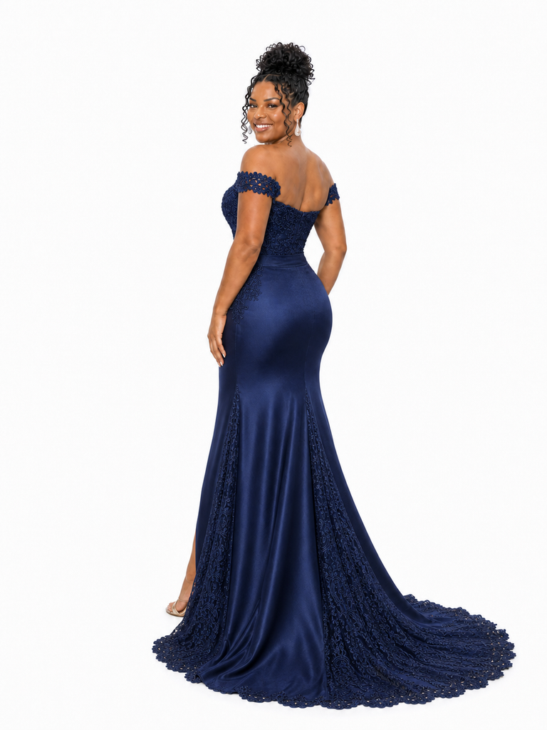 ChicSew Unique Off Shoulder Lace Applique Soft Satin Mermaid Long Bridesmaid Dresses