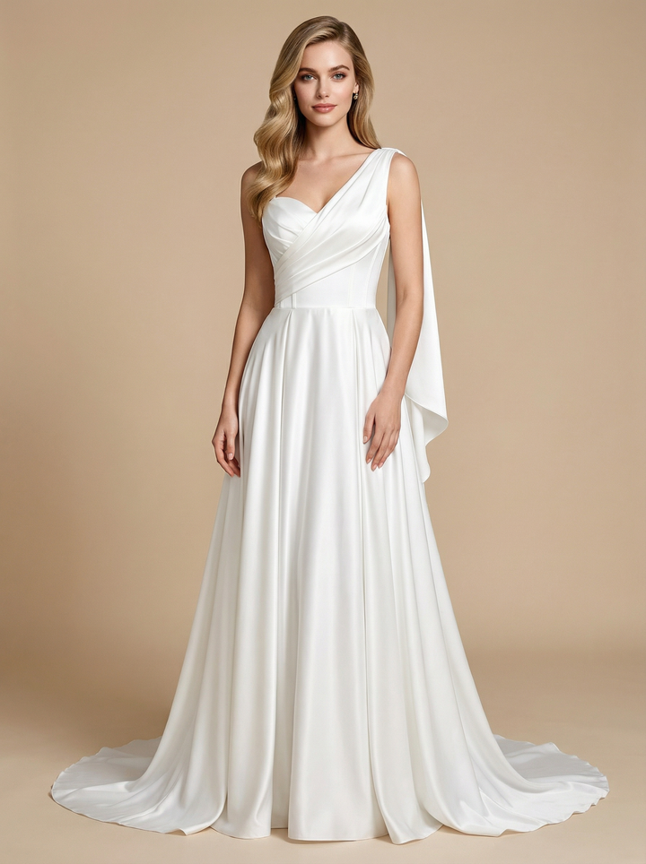 A-Line One Shoulder Back Satin Maxi Long Wedding Dresses Online