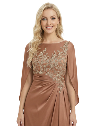 Stunning Scoop Lace Satin Long Mother of the Bride Dresses With Sleeve