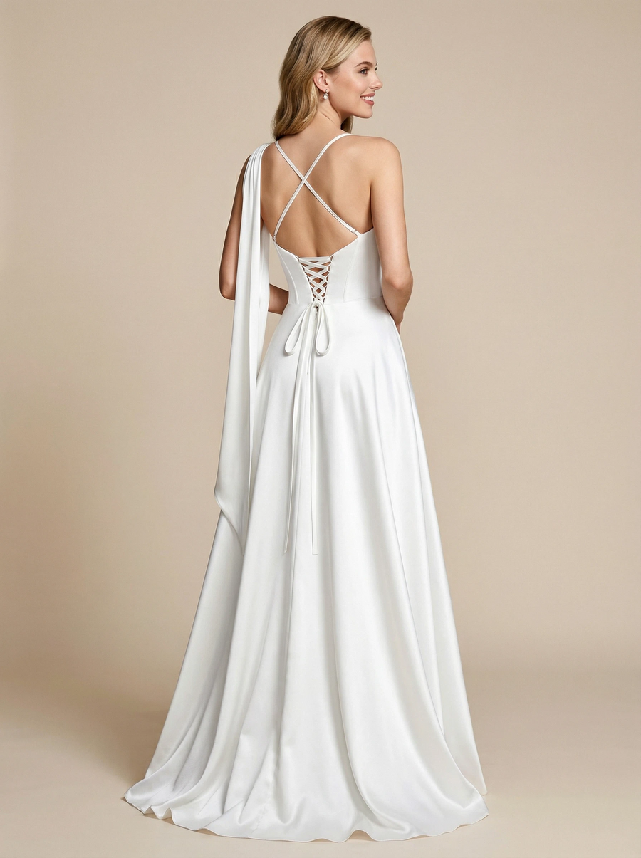 A-Line One Shoulder Back Satin Maxi Long Wedding Dresses Online