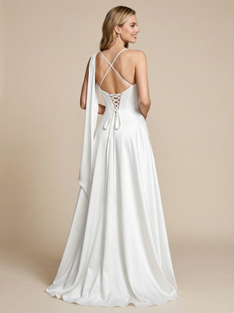 A-Line Spaghetti Straps Lace Up Back Satin Maxi Long Wedding Dresses Online