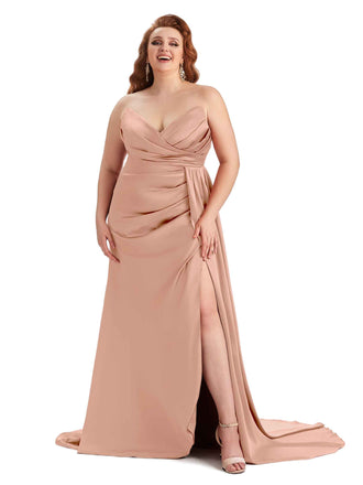 Rose Gold V-neck Satin Bridesmaid Gowns