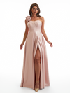 Sexy One Shoulder Side Slit A-Line Soft Satin Long Bridesmaid Dresses Online With Handmade Flower