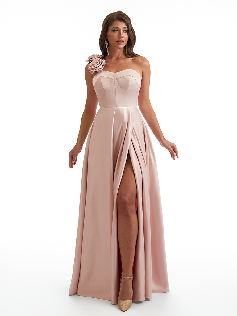 Sexy One Shoulder Side Slit A-Line Soft Satin Long Bridesmaid Dresses Online With Handmade Flower