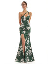 Elegant One Shoulder Side Slit Mermaid Floral Satin Maxi Floral Formal Dresses For Women