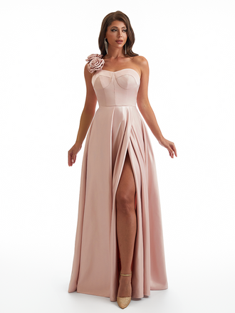 Sexy One Shoulder Side Slit A-Line Soft Satin Long Bridesmaid Dresses Online With Handmade Flower