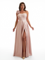 Sexy One Shoulder Side Slit A-Line Soft Satin Long Bridesmaid Dresses Online With Handmade Flower
