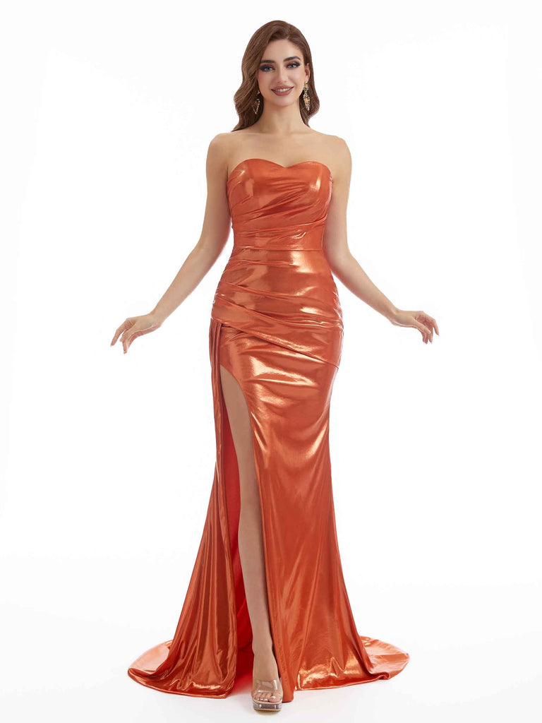 Sexy Strapless Sweetheart Metallic Stretch Shiny Fabric Long Bridesmaid Dresses Online