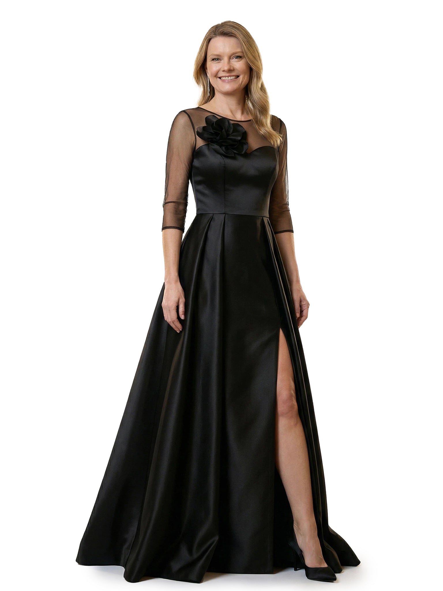 Chicsew Modern Illusion Half Sleeves Mother Of The Bride Dresses Satin A-Line Side Slit Overskirt With Rosette