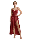 Unique High Low Ruffle Spaghetti Straps Asymmetrical Satin Prom Dress