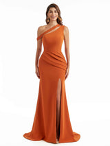 Sexy Split One Shoulder Mermaid Stretchy Crepe Long Bridesmaid Dresses