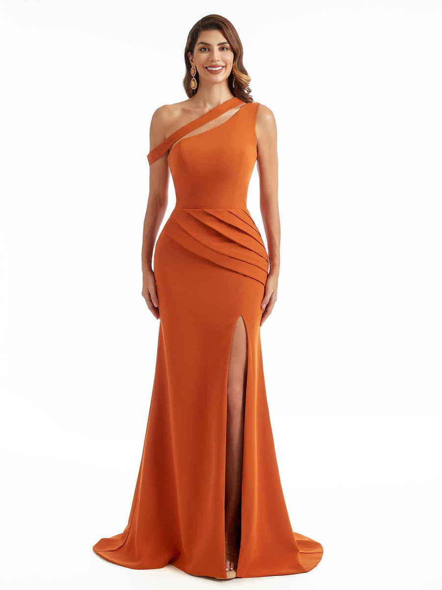 Sexy Split One Shoulder Mermaid Stretchy Crepe Long Bridesmaid Dresses