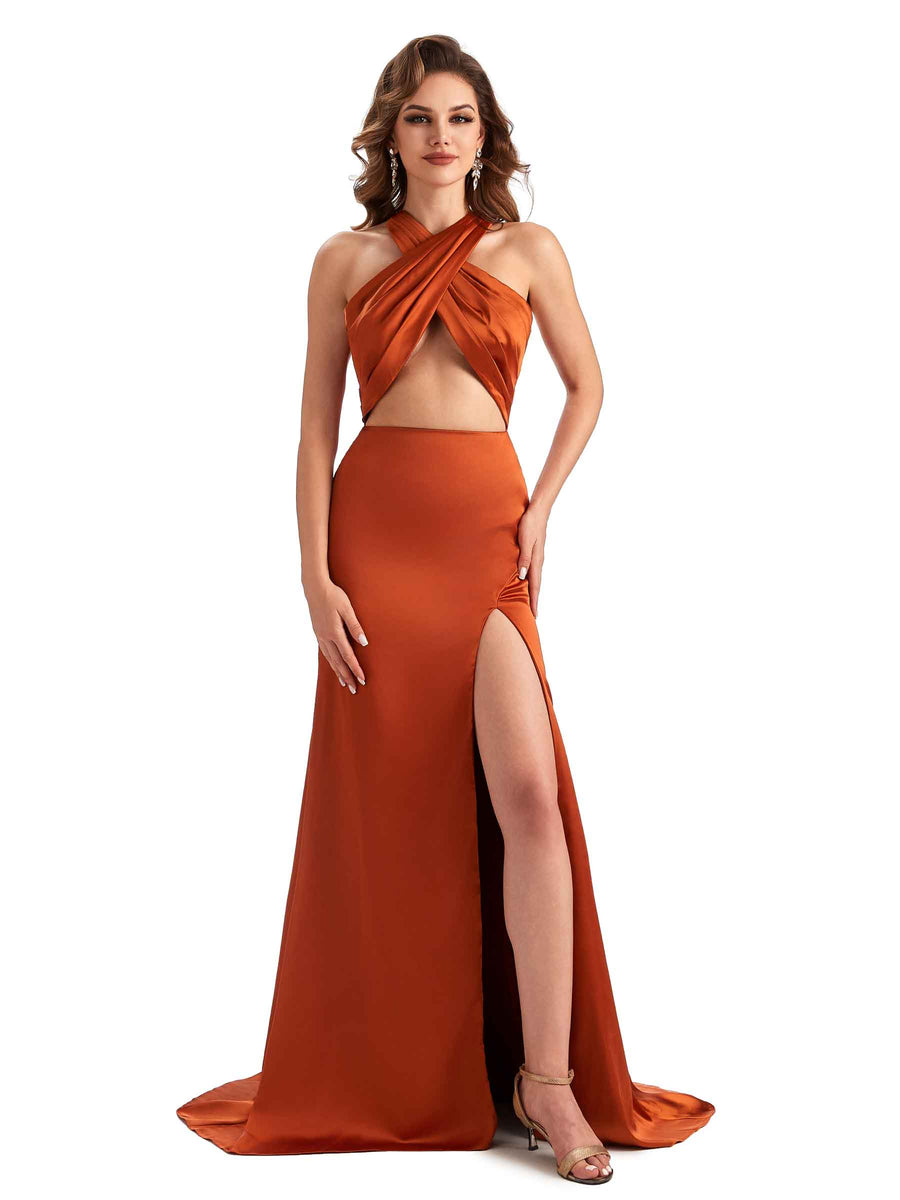 Sexy Side Slit Mermaid Silky Satin Criss Cross Unique Long Bridesmaid Dresses Online