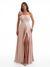 Sexy One Shoulder Side Slit A-Line Soft Satin Long Bridesmaid Dresses Online With Handmade Flower