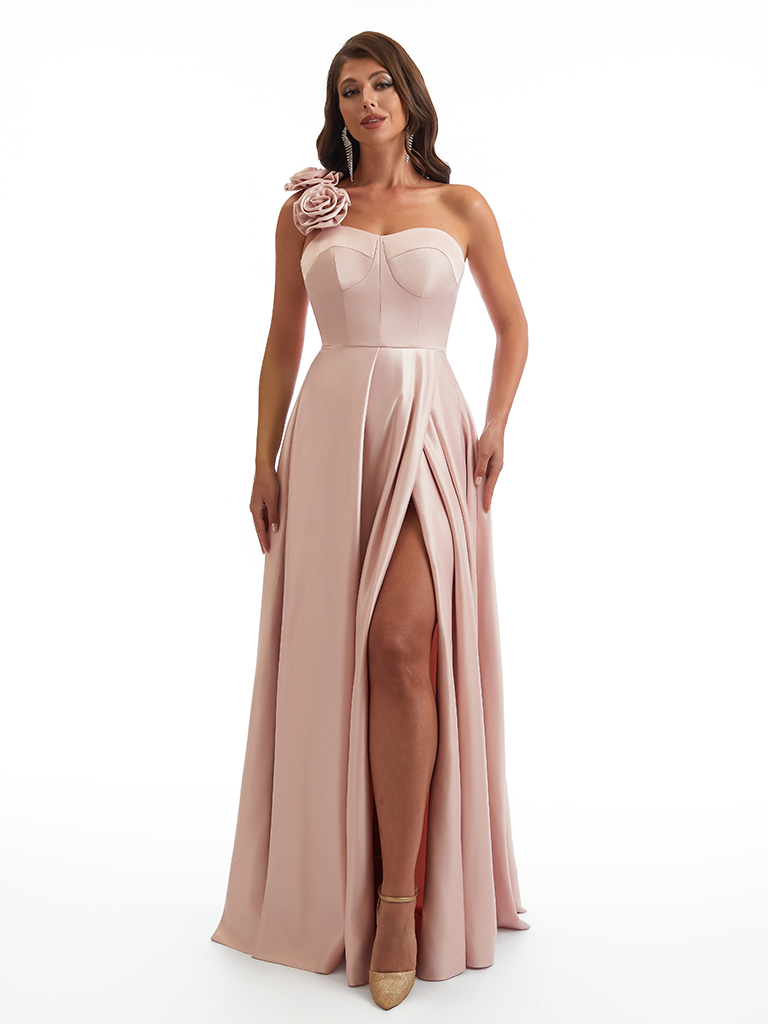 Sexy One Shoulder Side Slit A-Line Soft Satin Long Bridesmaid Dresses Online With Handmade Flower
