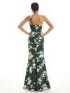 Elegant One Shoulder Side Slit Mermaid Floral Satin Maxi Floral Formal Dresses For Women