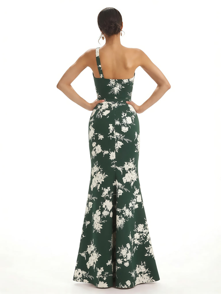 Elegant One Shoulder Side Slit Mermaid Floral Satin Maxi Floral Formal Dresses For Women