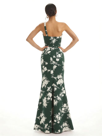 Elegant One Shoulder Side Slit Mermaid Floral Satin Maxi Floral Formal Dresses For Women