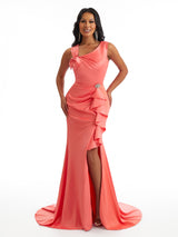 Elegant Asymmetrical Neck Side Split Mermaid Soft Satin Long Bridesmaid Dresses