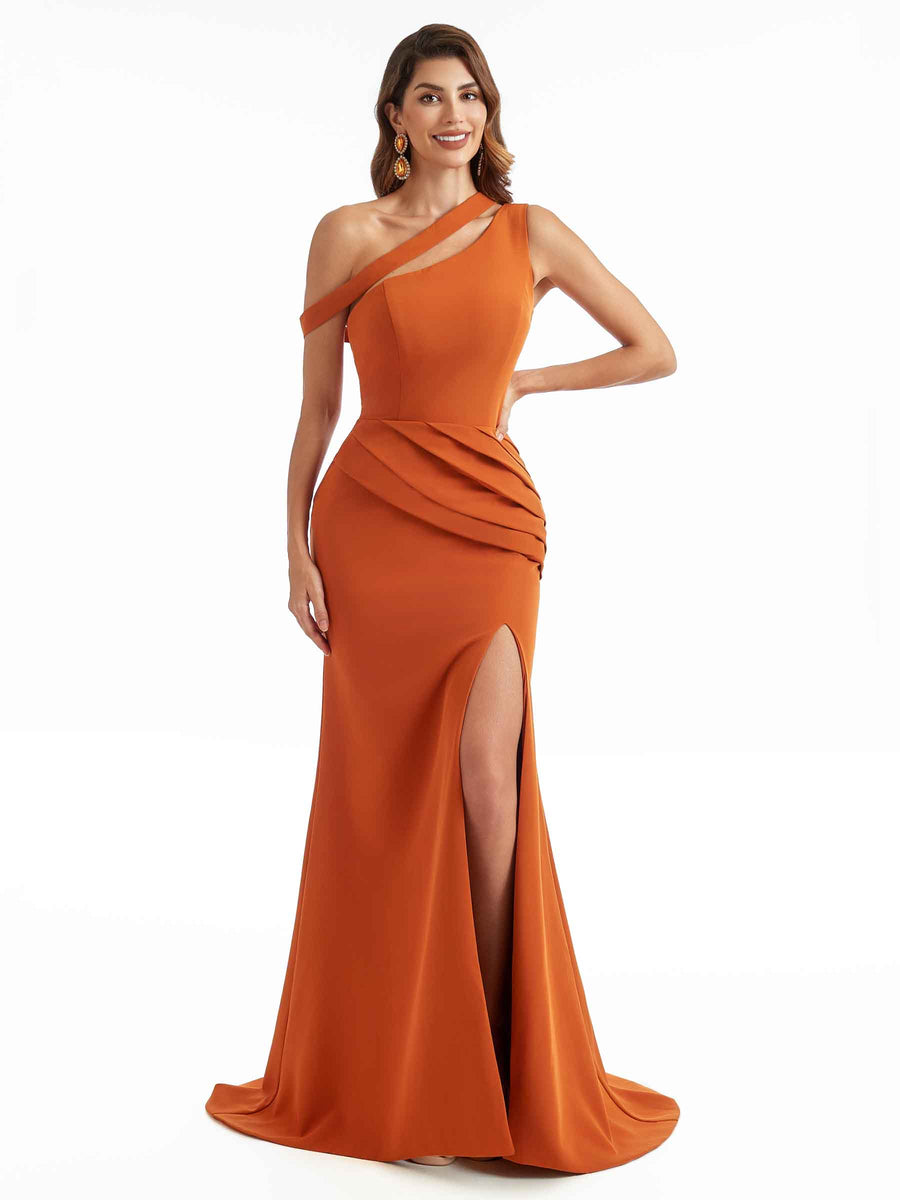 Sexy Split One Shoulder Mermaid Stretchy Crepe Long Bridesmaid Dresses