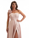 Sexy One Shoulder Side Slit A-Line Soft Satin Long Bridesmaid Dresses Online With Handmade Flower
