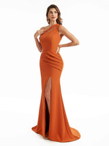 Sexy Split One Shoulder Mermaid Stretchy Crepe Long Bridesmaid Dresses