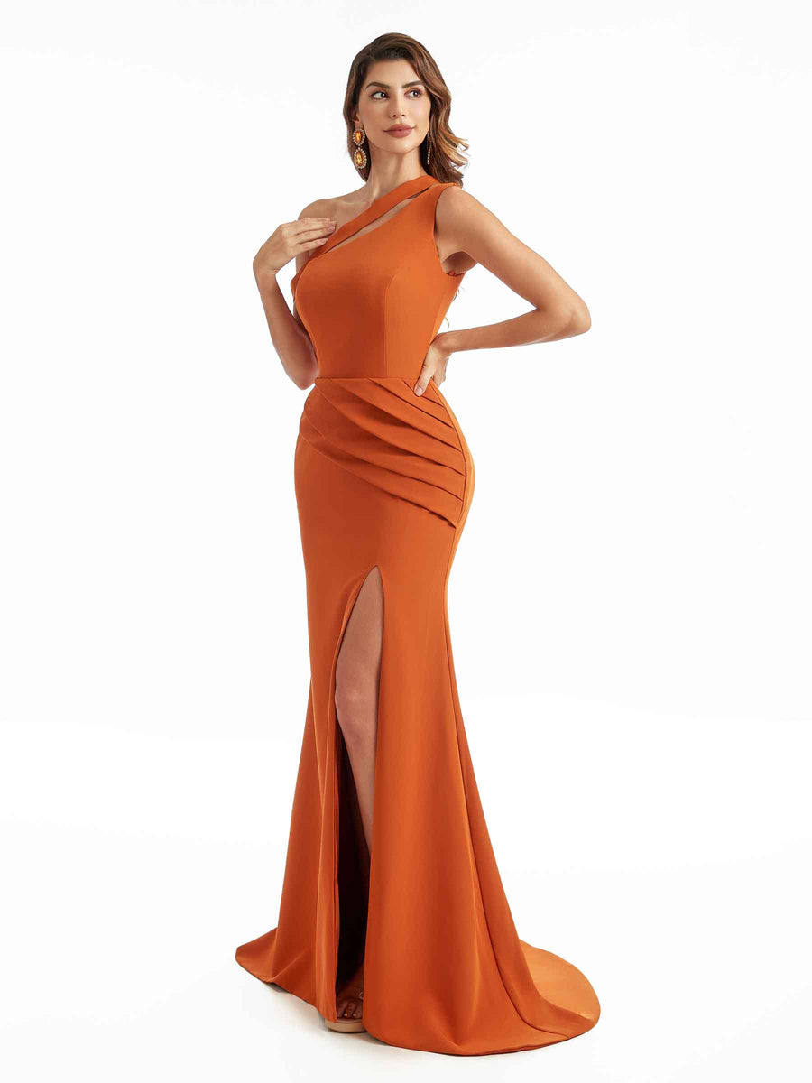 Sexy Split One Shoulder Mermaid Stretchy Crepe Long Bridesmaid Dresses