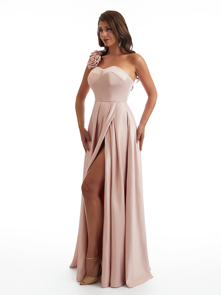 Sexy One Shoulder Side Slit A-Line Soft Satin Long Bridesmaid Dresses Online With Handmade Flower
