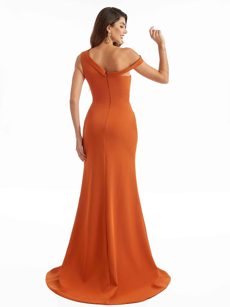 Sexy Split One Shoulder Mermaid Stretchy Crepe Long Bridesmaid Dresses