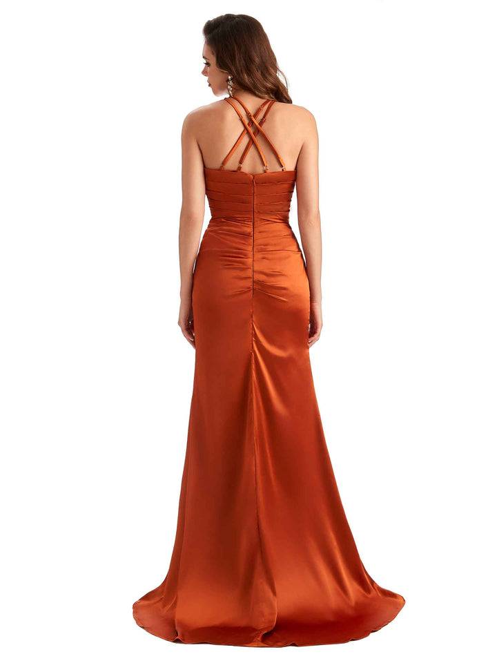 Sexy Side Slit Mermaid Silky Satin Criss Cross Unique Long Bridesmaid Dresses Online