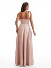 Sexy One Shoulder Side Slit A-Line Soft Satin Long Bridesmaid Dresses Online With Handmade Flower