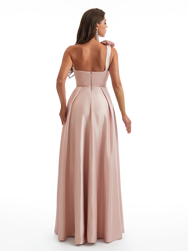 Sexy One Shoulder Side Slit A-Line Soft Satin Long Bridesmaid Dresses Online With Handmade Flower