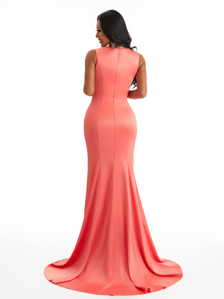 Elegant Asymmetrical Neck Side Split Mermaid Soft Satin Long Bridesmaid Dresses