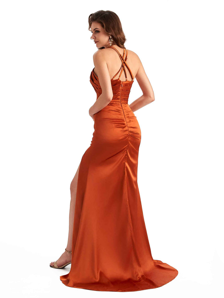 Sexy Side Slit Mermaid Silky Satin Criss Cross Unique Long Bridesmaid Dresses Online