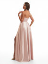 Sexy One Shoulder Side Slit A-Line Soft Satin Long Bridesmaid Dresses Online With Handmade Flower