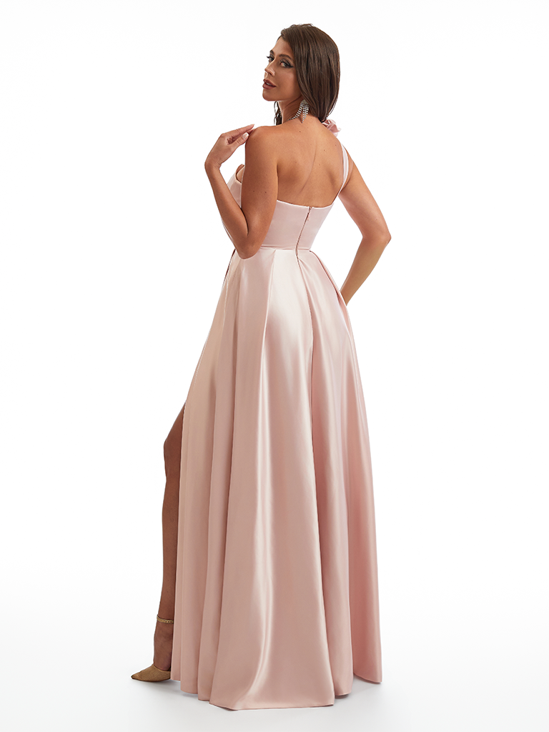 Sexy One Shoulder Side Slit A-Line Soft Satin Long Bridesmaid Dresses Online With Handmade Flower