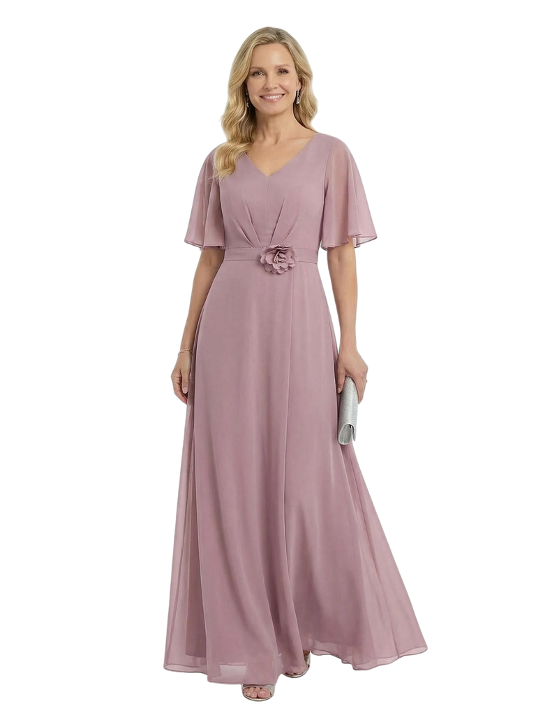 ChicSew Pretty V-Neck Flutter Sleeves Mother Of The Groom Dresses Chiffon A-Line Gown With Flower