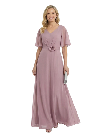 ChicSew Pretty V-Neck Flutter Sleeves Mother Of The Groom Dresses Chiffon A-Line Gown With Flower