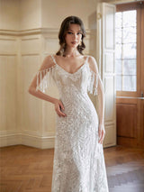 Sexy Mermaid Cold Shoulder V-neck Maxi Long Lace Wedding Dresses Online