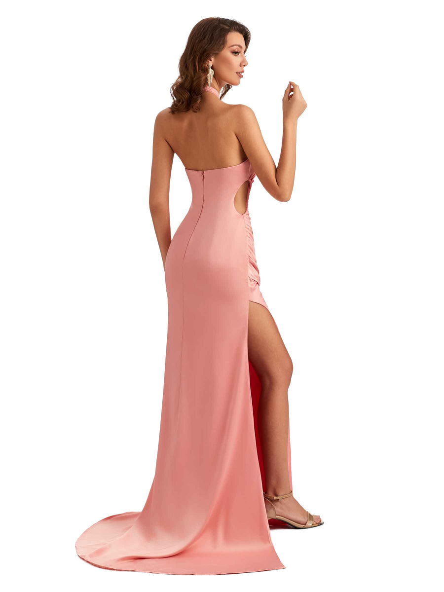 Sexy Halter Mermaid Silky Satin Unique Long Formal Wedding Guest Dresses